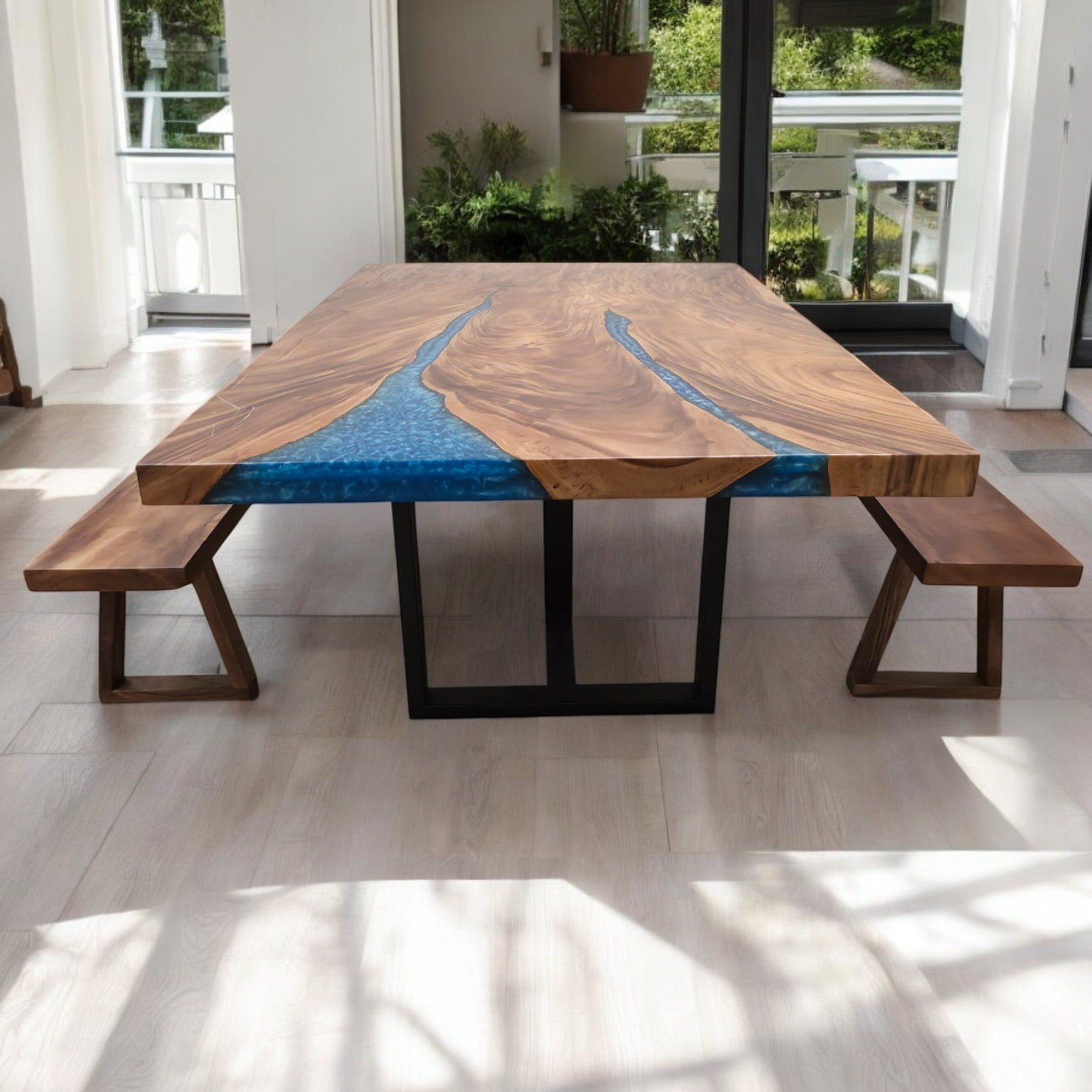 210 cm x 145 cm Blauer Esstisch aus indischem Nussbaum mit Baumkante und Harzfüllung