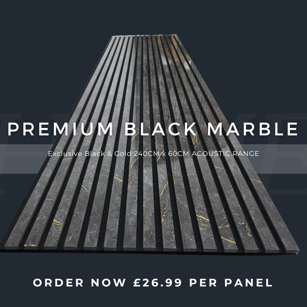 240cm x 60cm Akustik-Lamellenwandpaneel Schwarz & Gold Marmor